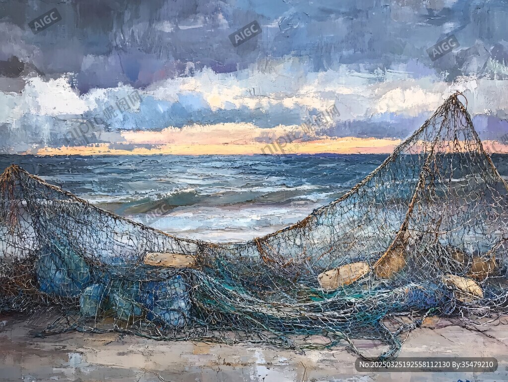 海边残渔网与壮阔海景