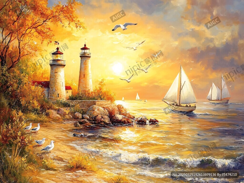海边日落灯塔帆船美景图