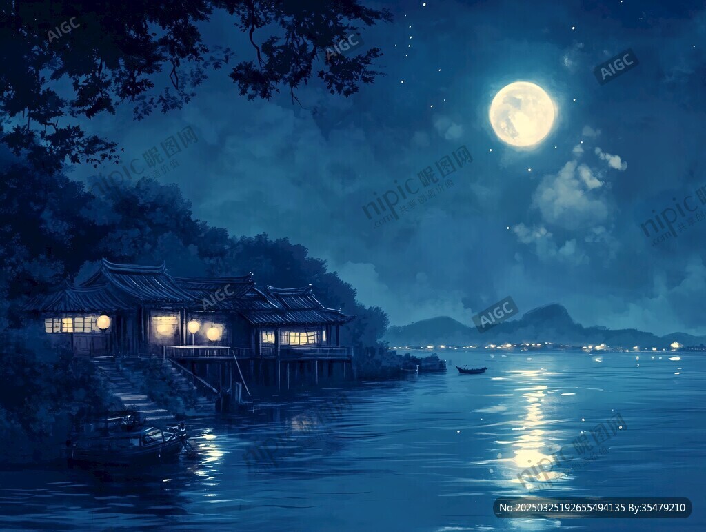 月夜湖畔小屋静谧美景