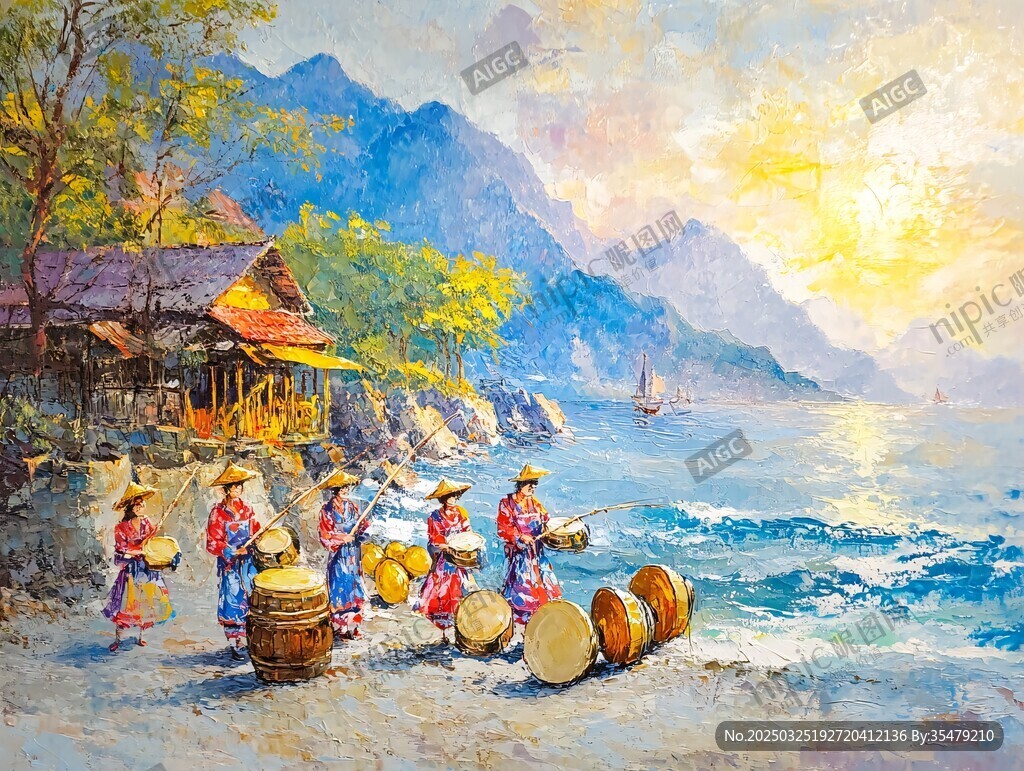 海边民族乐手演奏美景