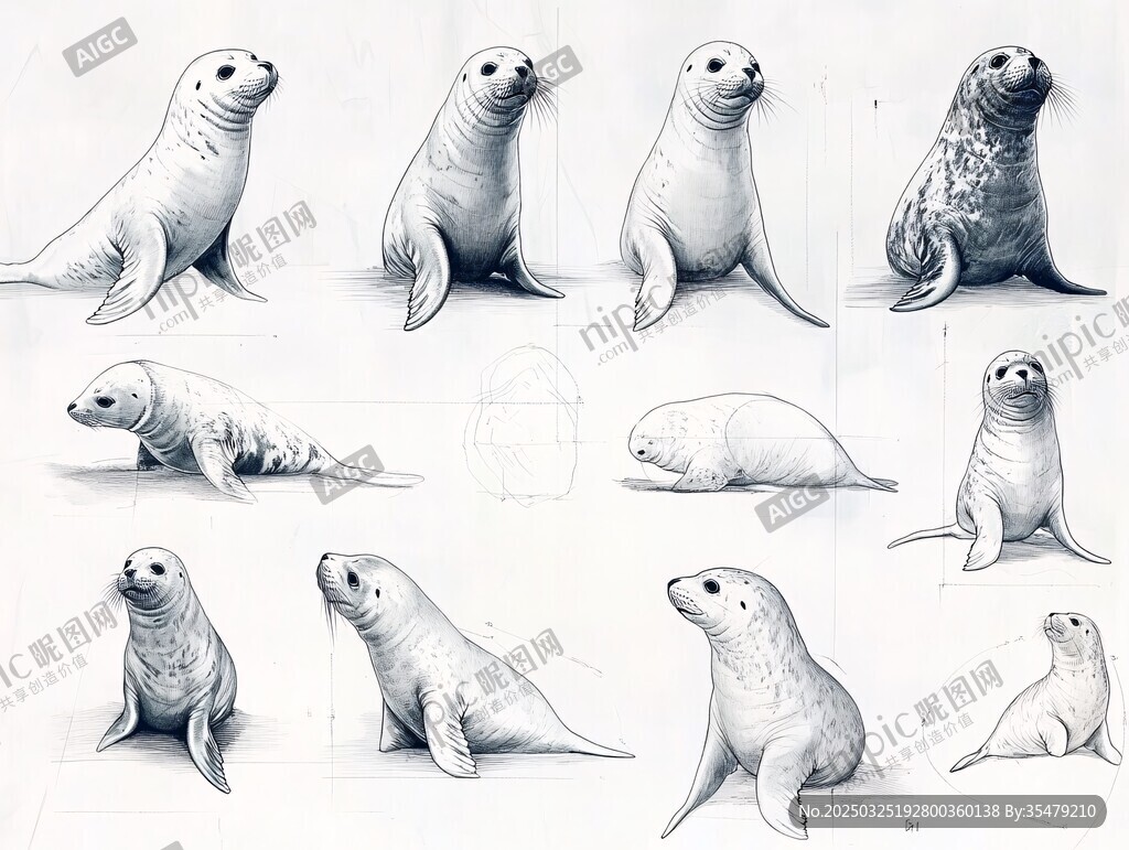 海豹多角度素描姿态展示