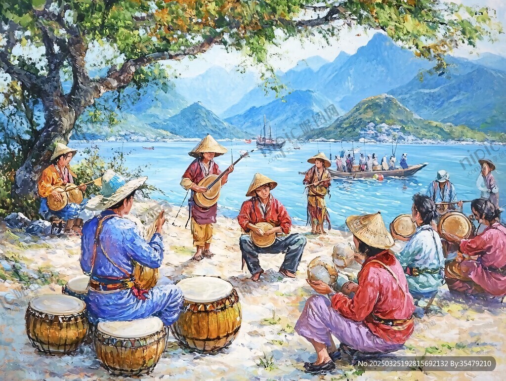 湖畔民俗音乐演奏场景