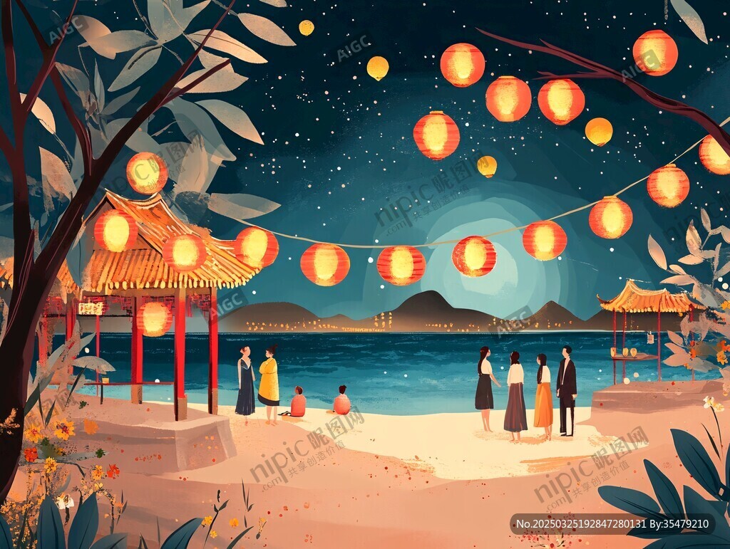 海边月夜灯笼下的欢聚