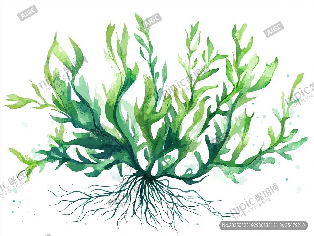 水彩绘绿色海藻插画
