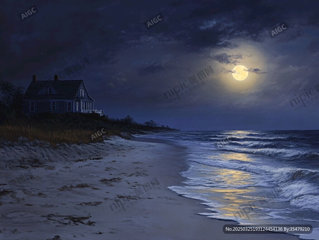 月夜海滨小屋美景