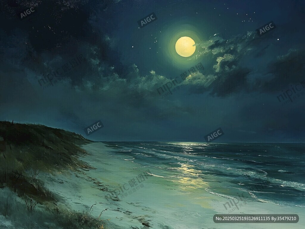 月夜下的静谧海滩美景
