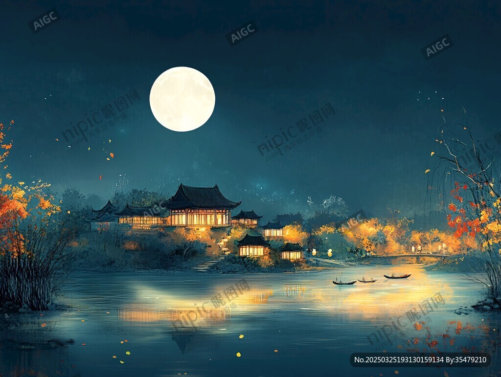 月夜中式水乡静谧美景