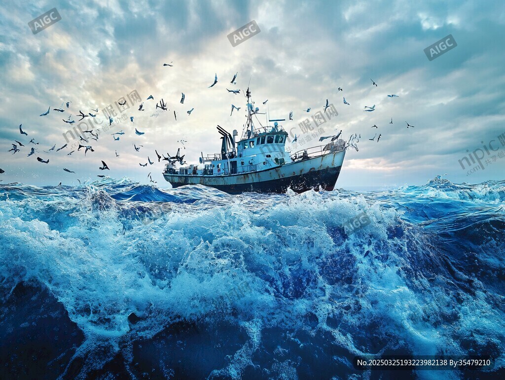 海上渔船伴群鸟踏浪前行