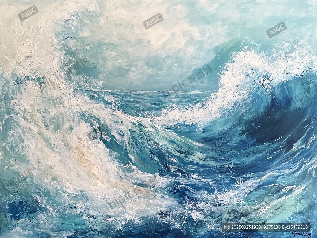 海浪油画 涌动的蓝色韵律
