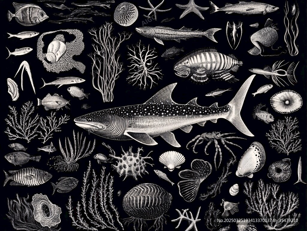 海洋生物黑白插画集合