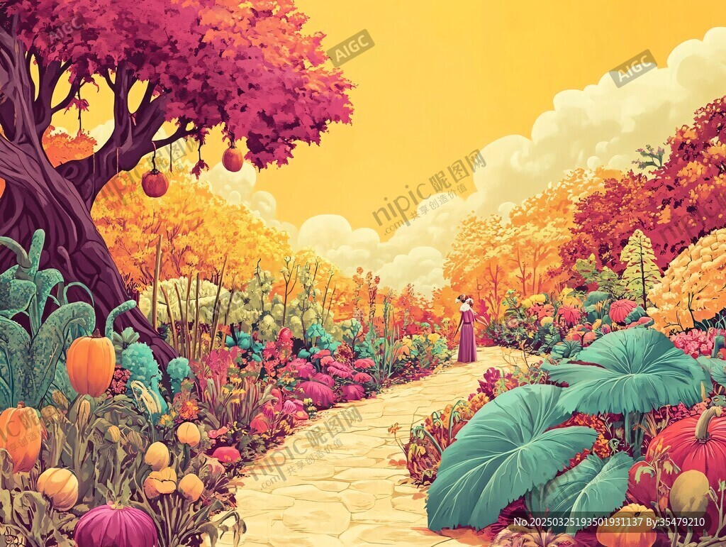 梦幻秋日花园小径风景