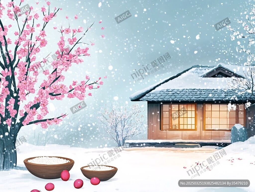雪中樱景下的静谧小屋