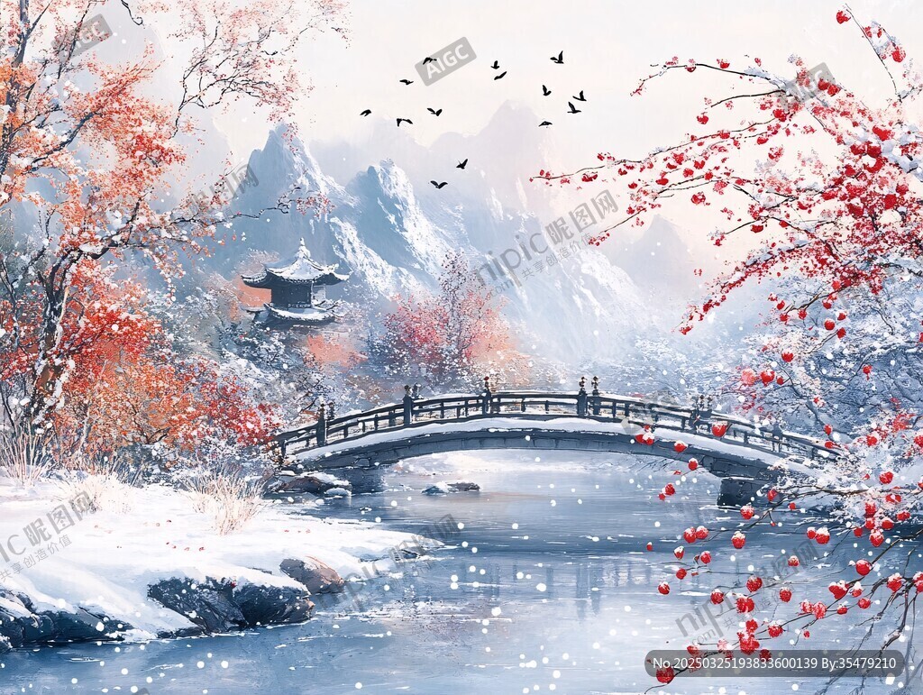 冬日雪景中的诗意桥畔风光
