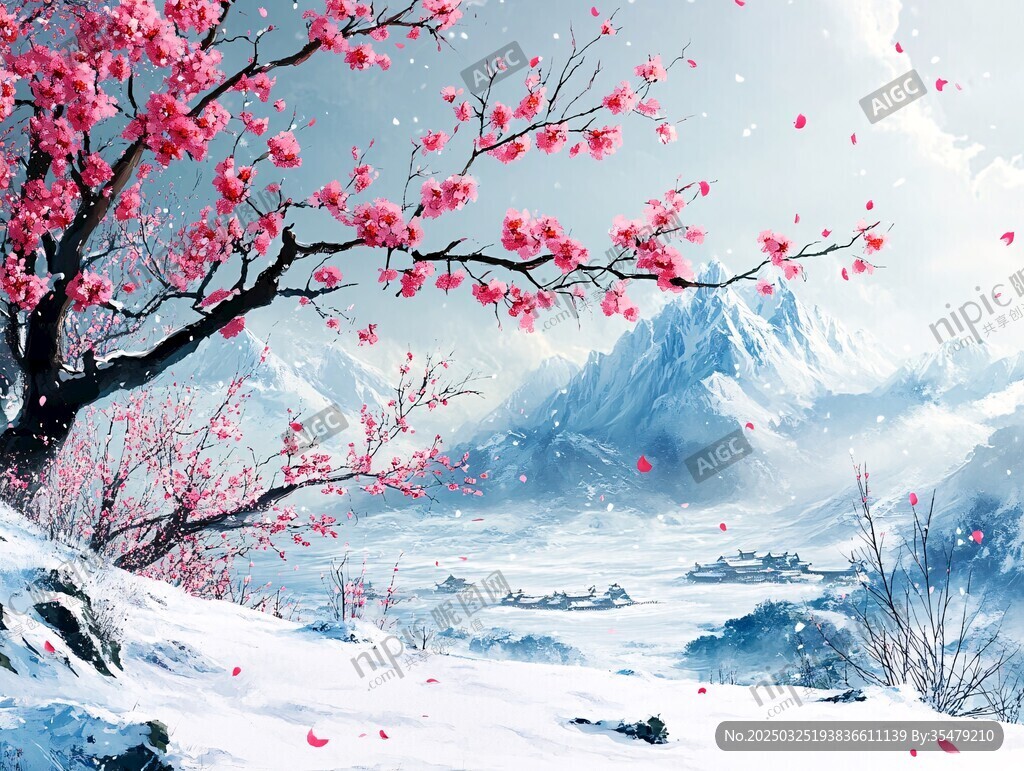 雪中绽放的烂漫粉色梅花