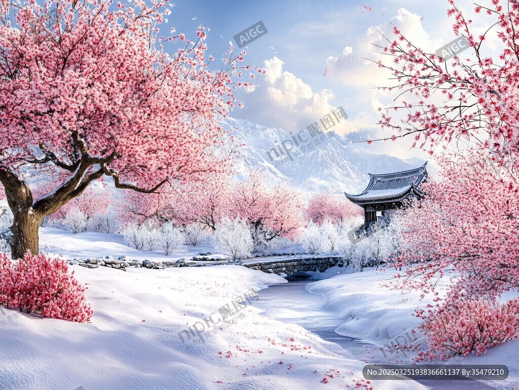 雪映粉樱中的中式诗意景致