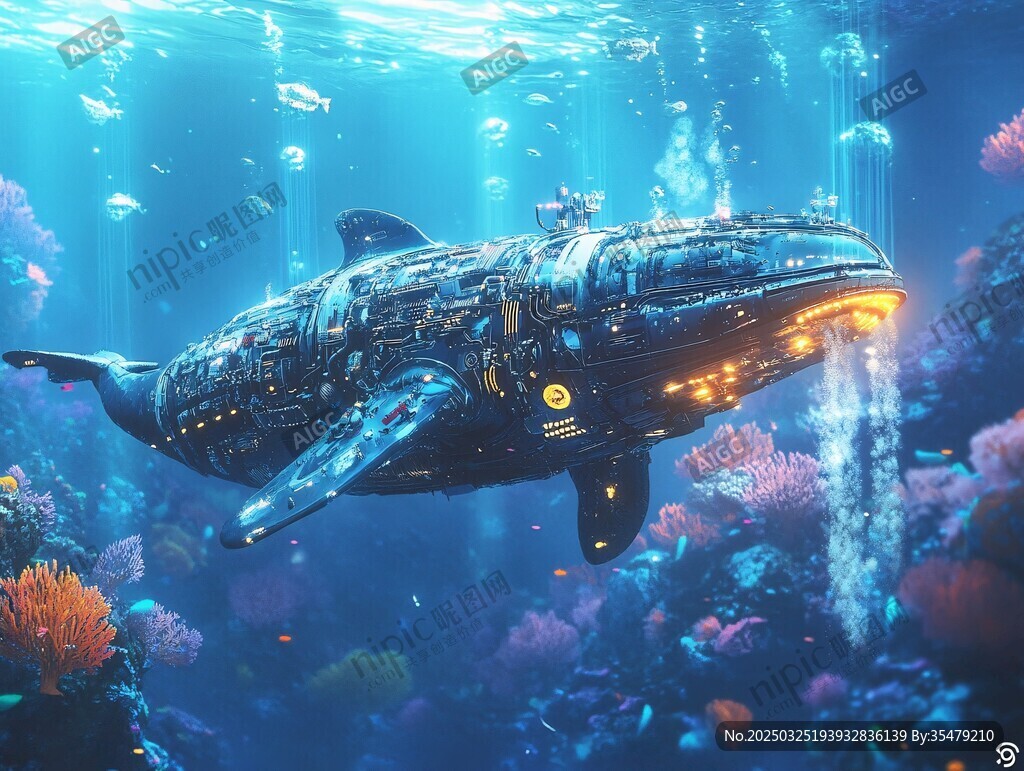机械鲸鱼畅游奇幻海底世界