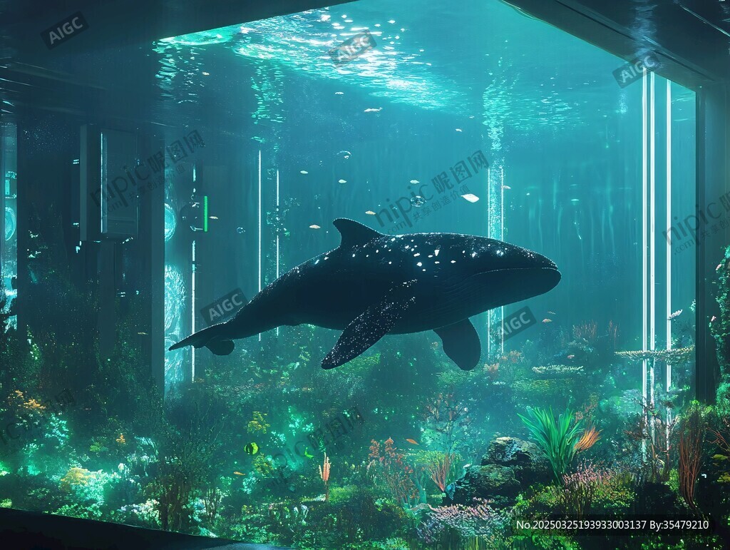 水族馆中优雅游动的鲸鱼