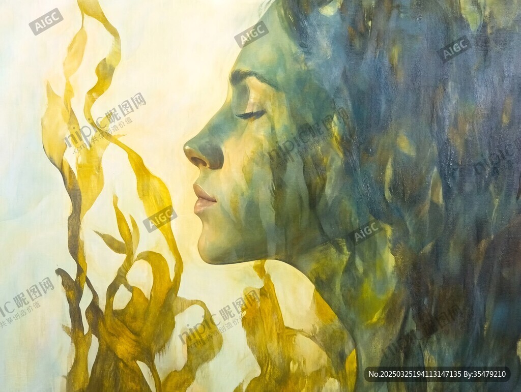 梦幻海藻与女性侧颜艺术画