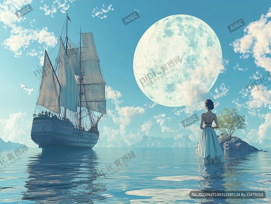 少女望海船与满月之景