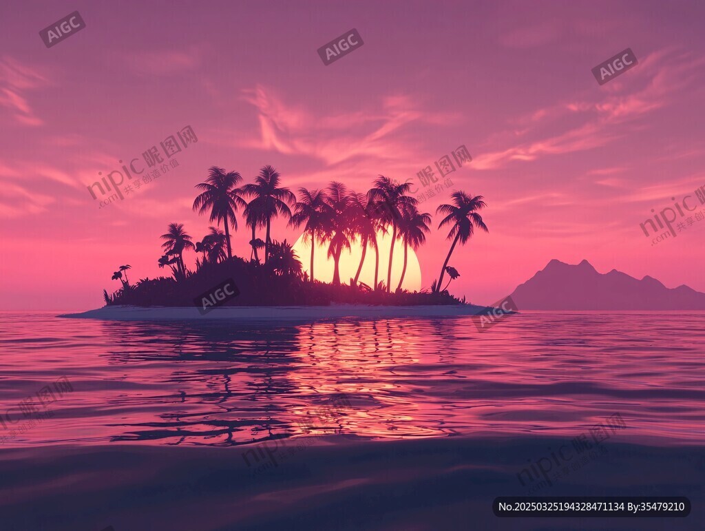 梦幻粉紫海岛日落美景