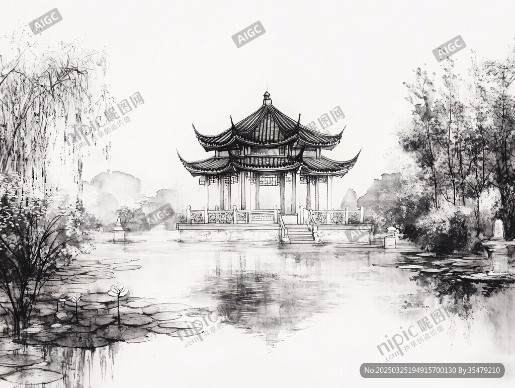 水墨园林中的古风亭阁