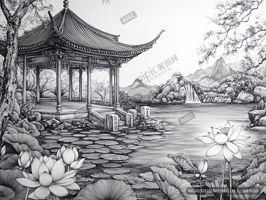 中式园林凉亭湖畔景致