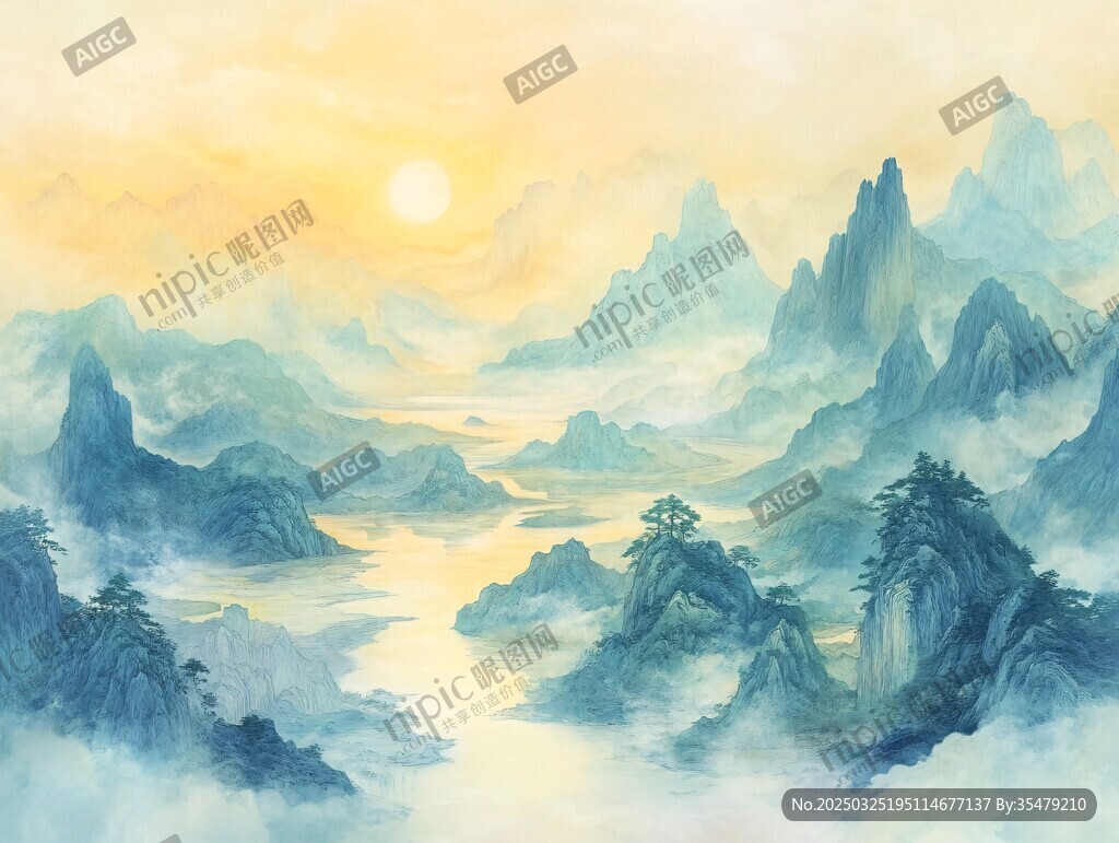 旭日耀山川 水墨绘仙境