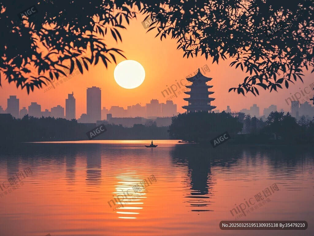 湖畔落日下的古韵城市风景