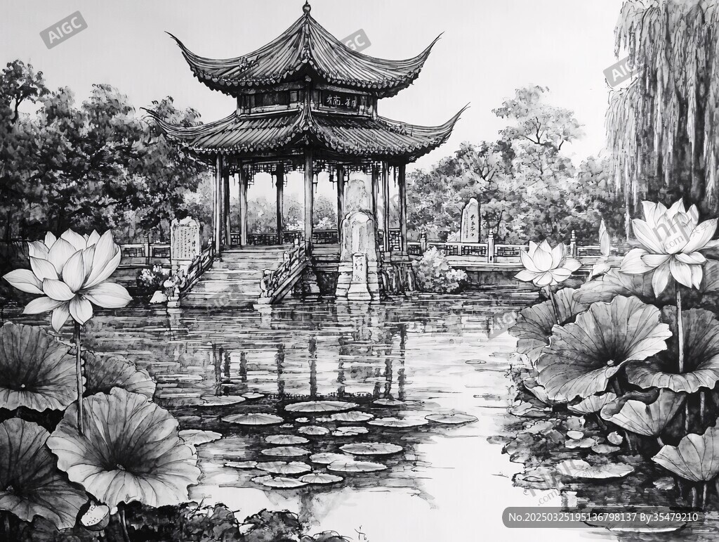 中式亭阁荷花池景致