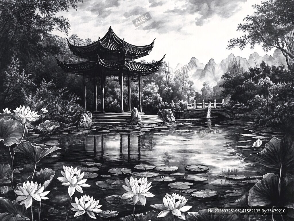 水墨荷塘中的古典凉亭