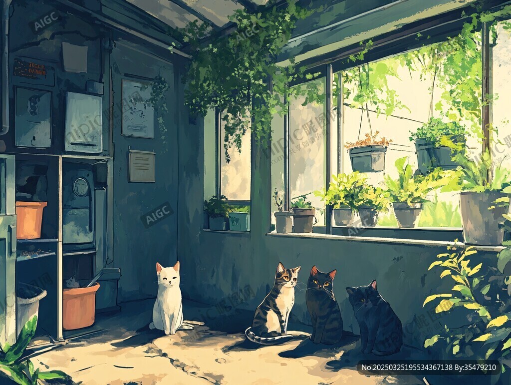 阳光房里的猫咪与绿植