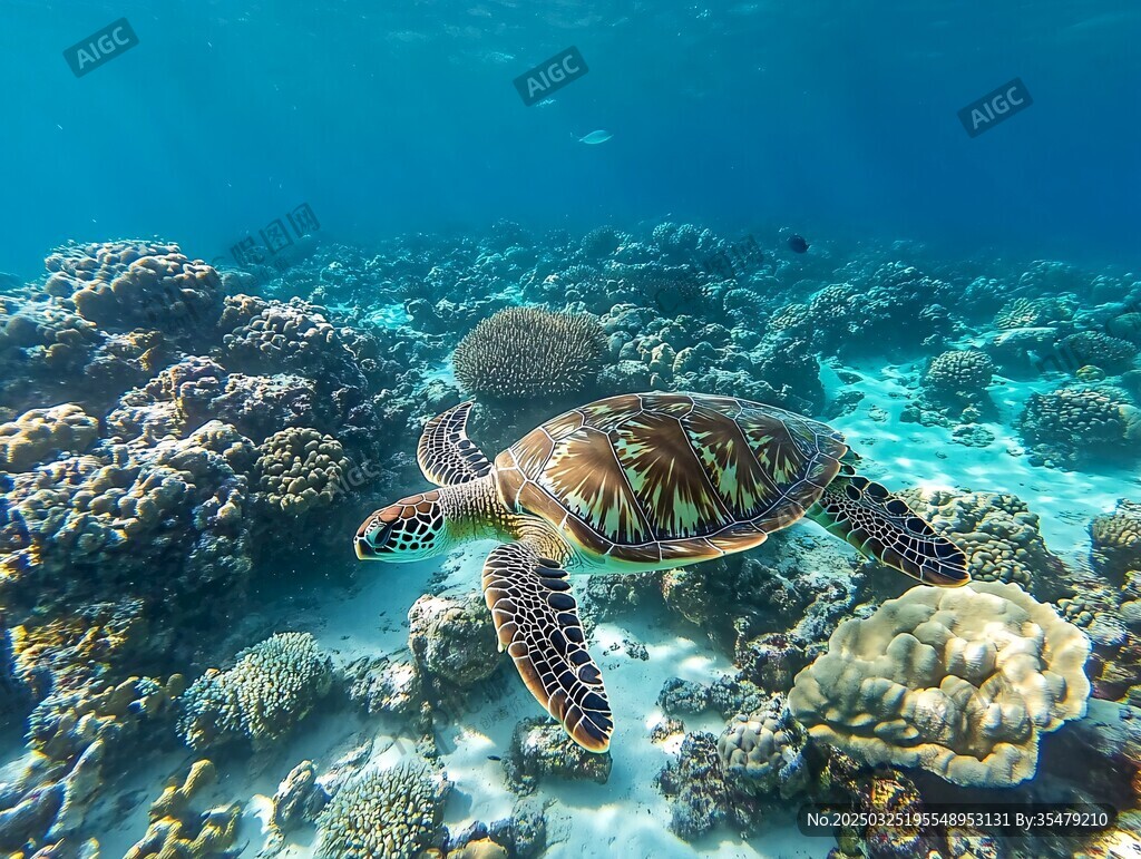 海龟悠游于绚烂海底世界