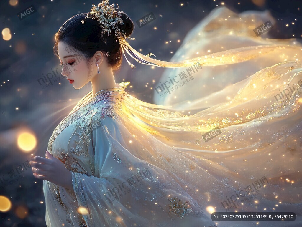 古风仙姿女子披金纱飘逸