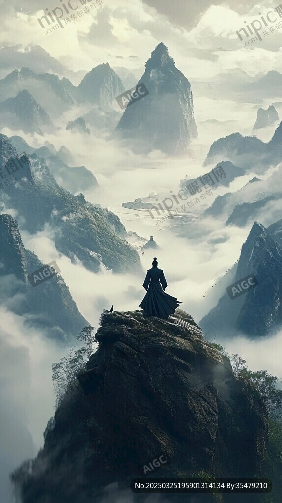 一人独坐山巅云海间