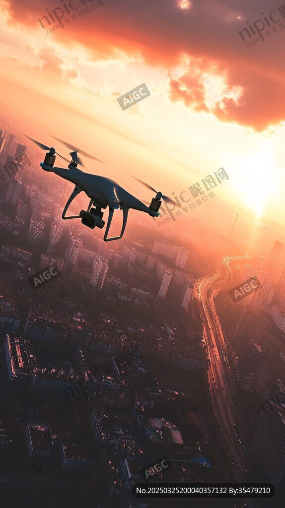 夕阳下城市上空的航拍无人机