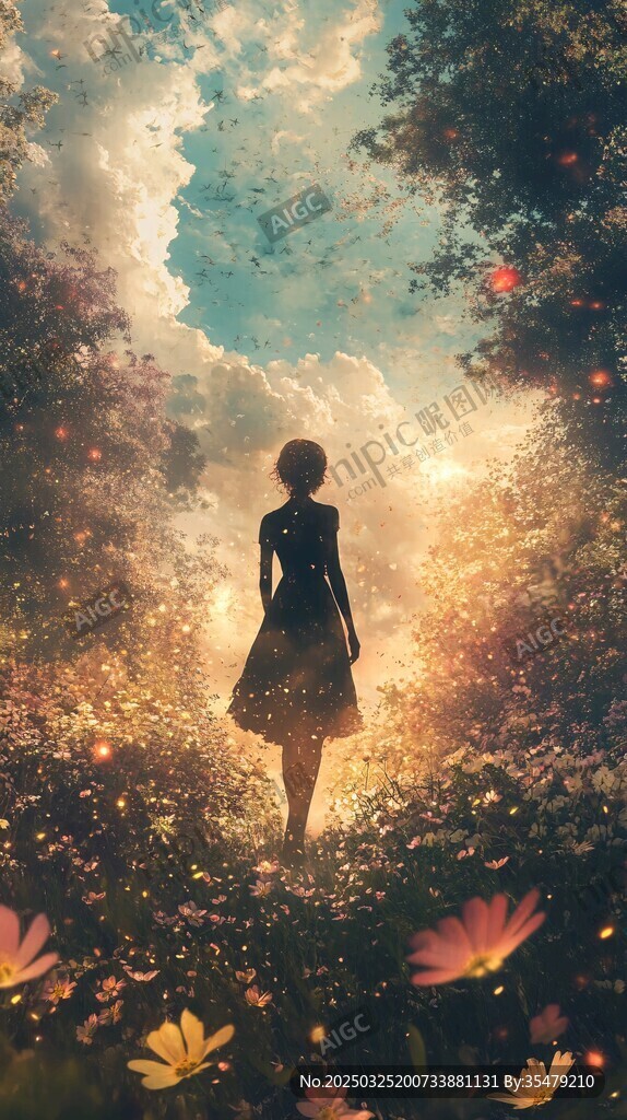 女孩漫步梦幻花草林间