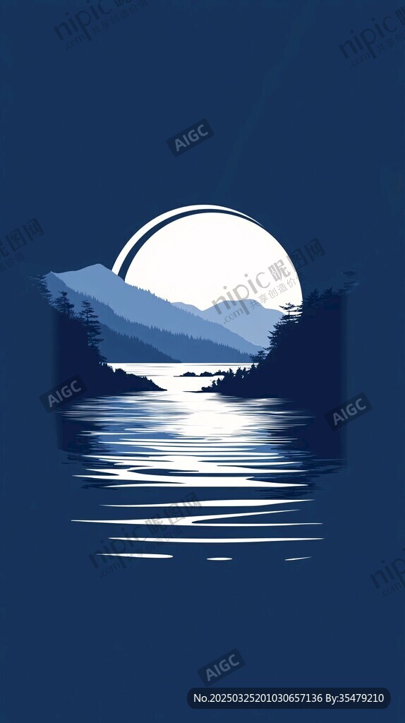 月夜山水倒影静谧美景