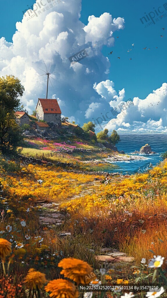 海边花田小屋梦幻风景