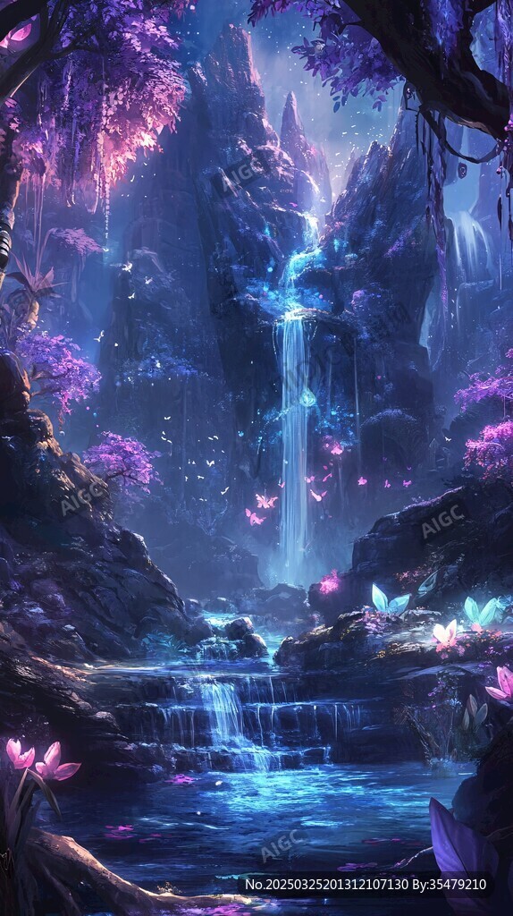 梦幻紫色仙境瀑布景观