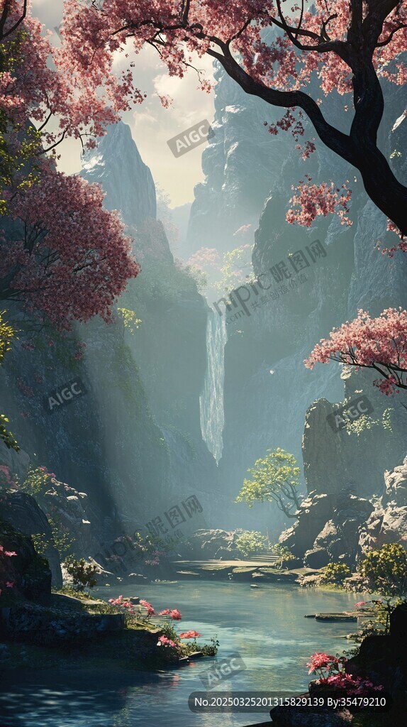 梦幻山水间的烂漫桃花景