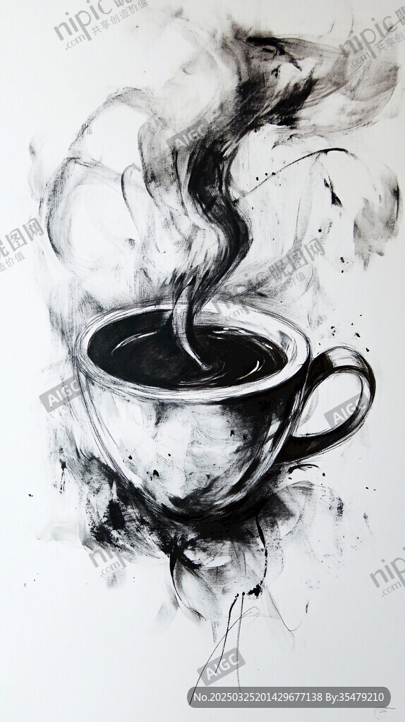 黑白水墨风咖啡杯绘画