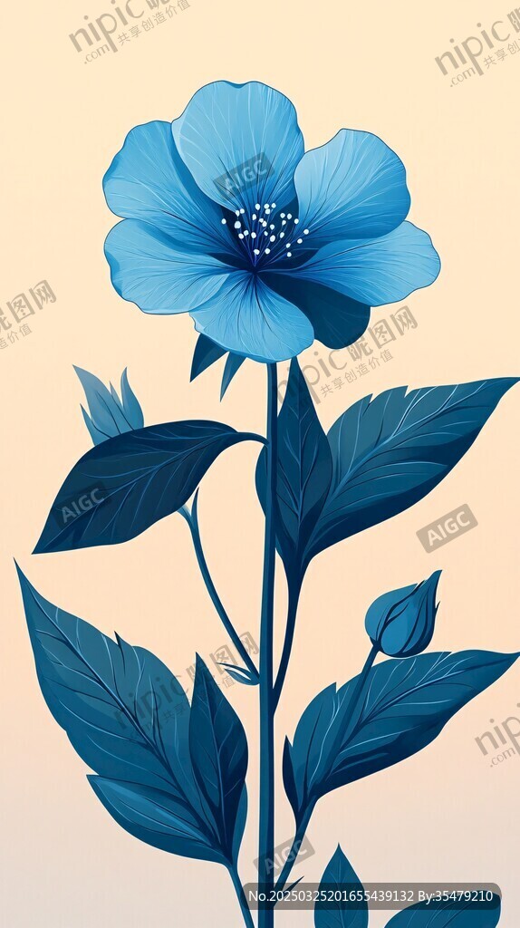蓝色花卉插画 清新唯美