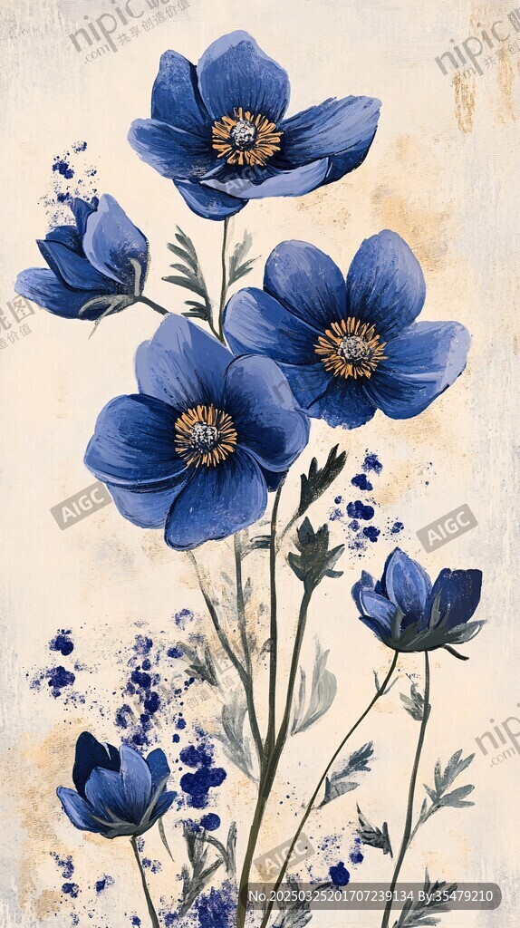 蓝色花朵插画艺术作品
