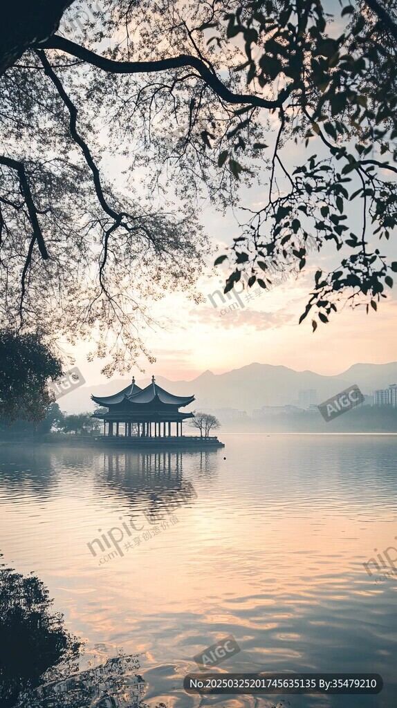 湖畔古亭映晨辉