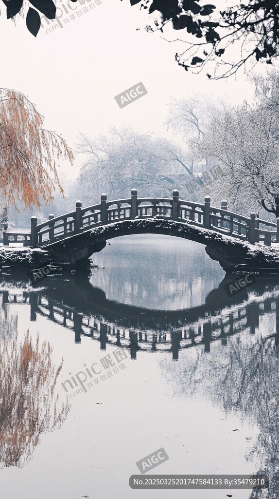 雪后古桥映于静谧湖面