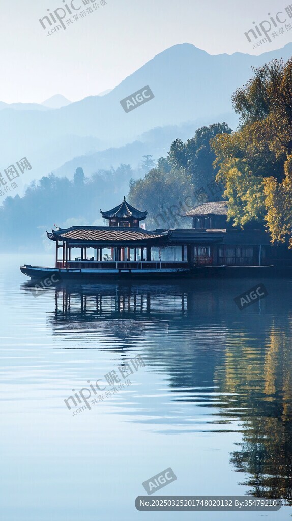湖光山色中的中式水上楼阁
