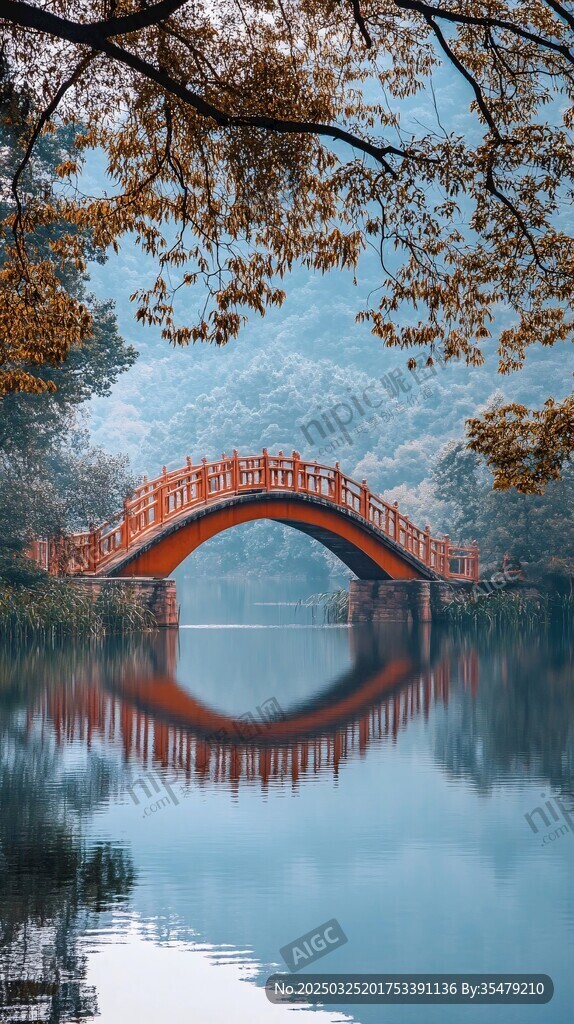 秋日红桥映碧水美景