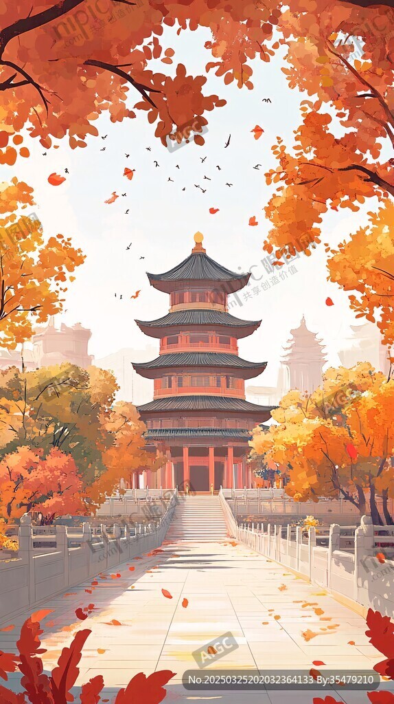 秋日古风建筑枫叶美景