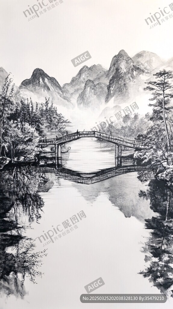 水墨山水间的桥影