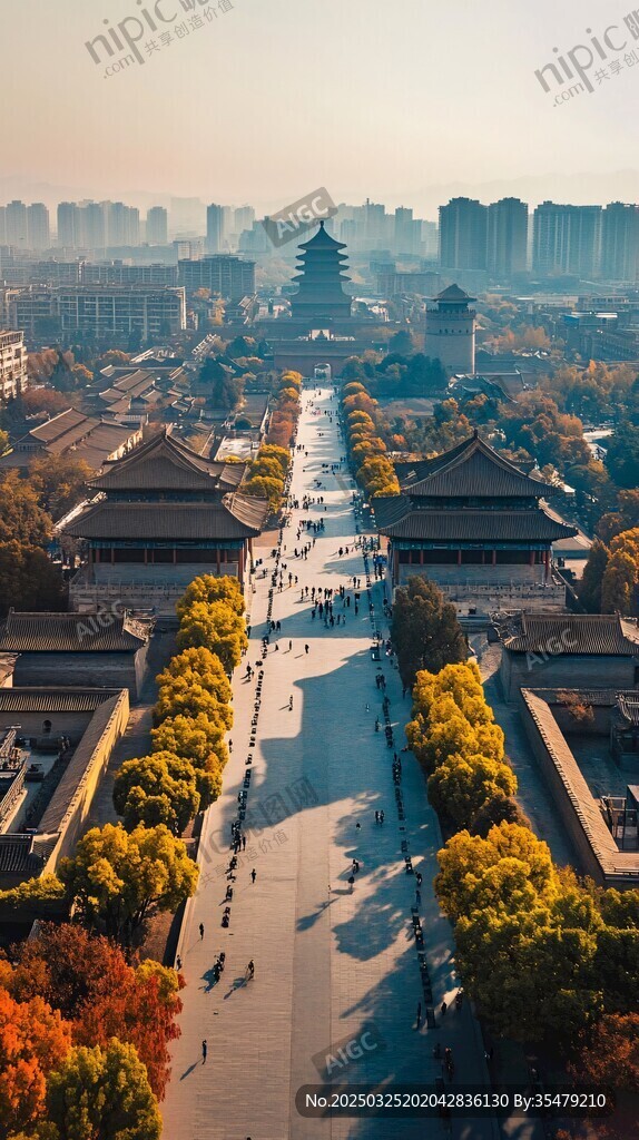 古都秋景下的中式建筑风光